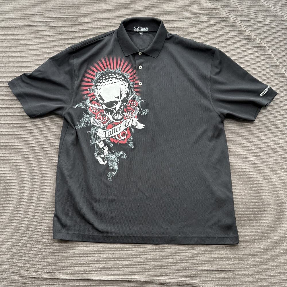 Tattoo Golf Skull Roses Polo Shirt Mens XL Black Aggressive 100% Polyester‎ Golf